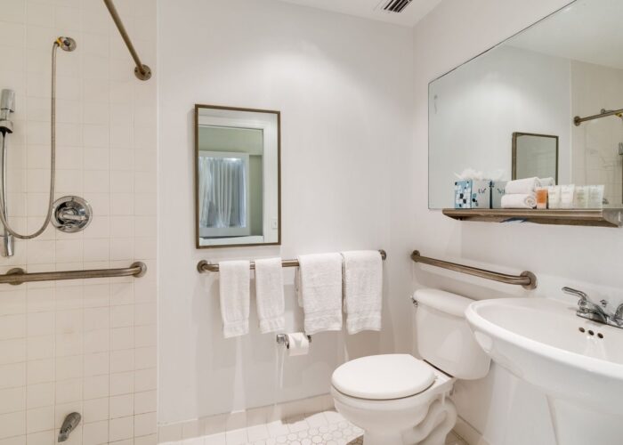 Lavatory by a pedestal sink under a wall mirror next to a shower in the Accessible Standard King at Crest Hotel & Suites