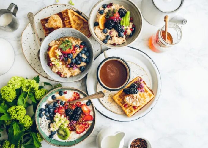 Breakfast spread seen from above